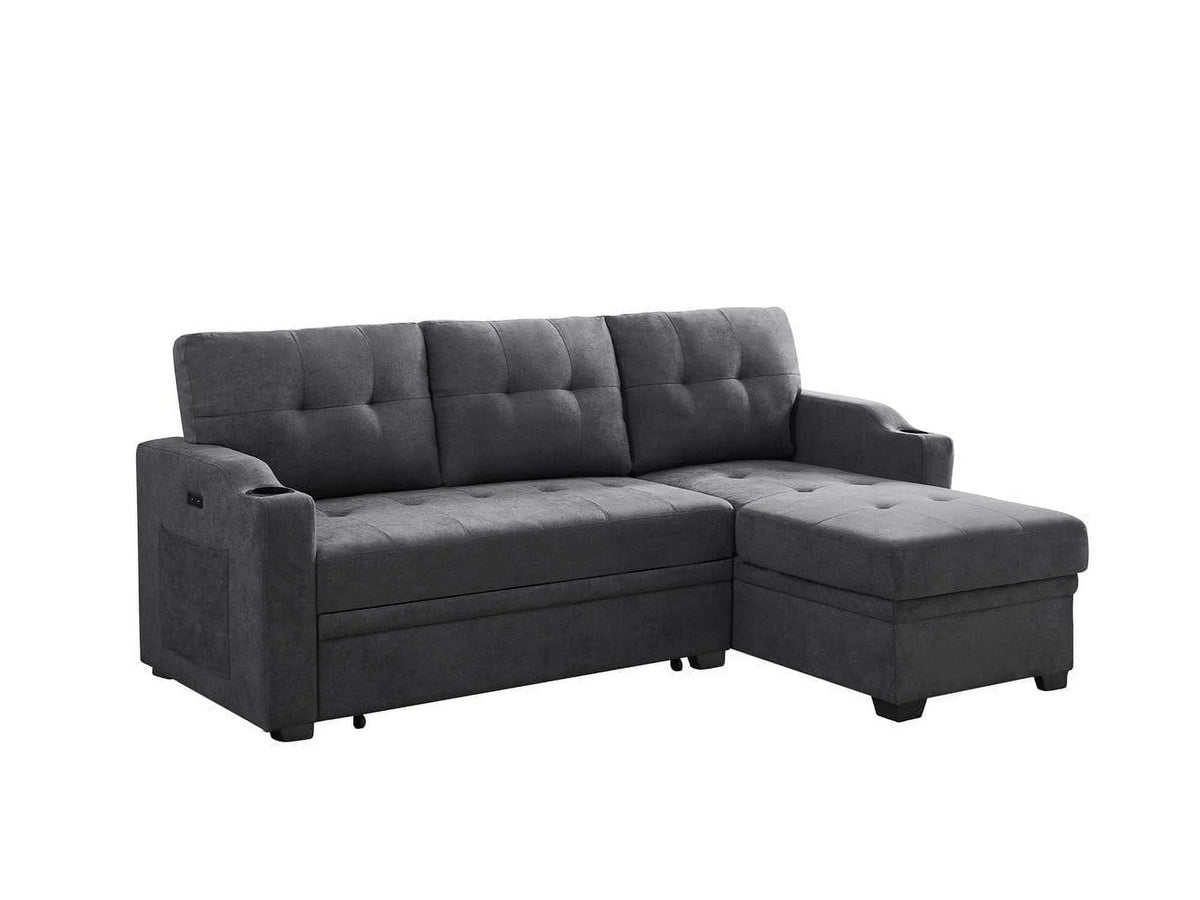 Dark Gray Woven Fabric Sleeper Sectional with Cupholder, USB Charging Port and Pocket F264