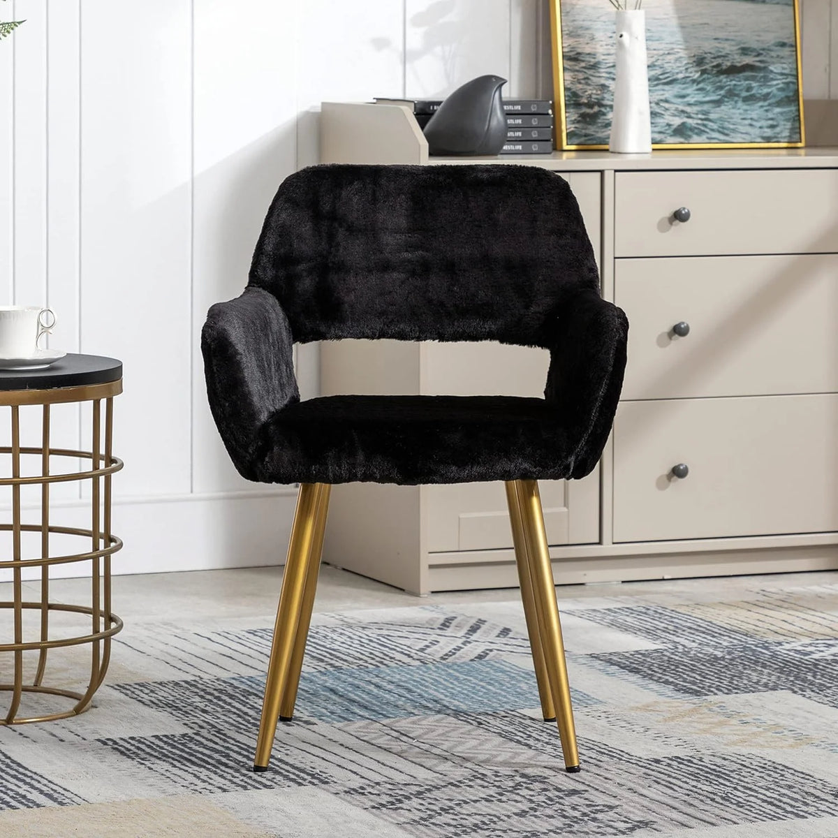 Faux Fur Vanity Chair with Wood Look Metal Legs F945011