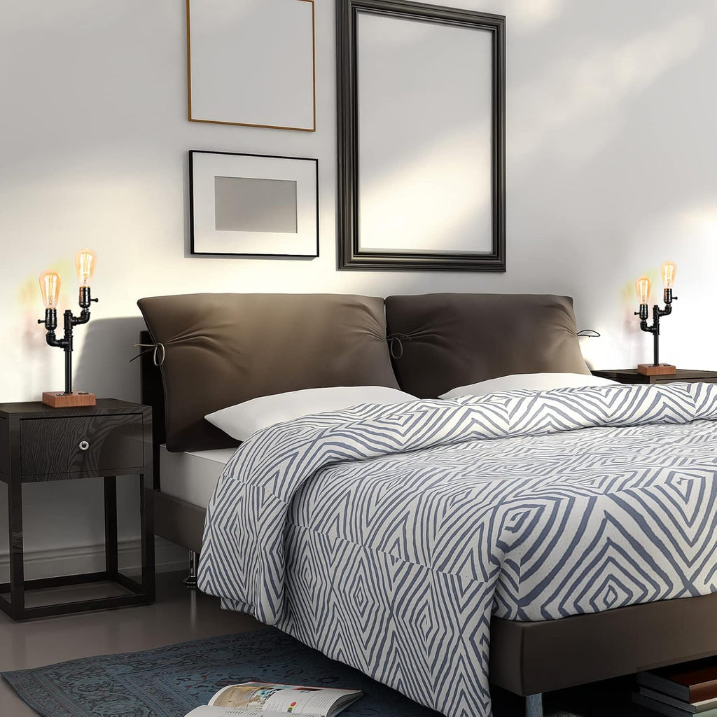 Industrial Table Lamp with 2 USB Ports AC Outlet Wood Base D7394