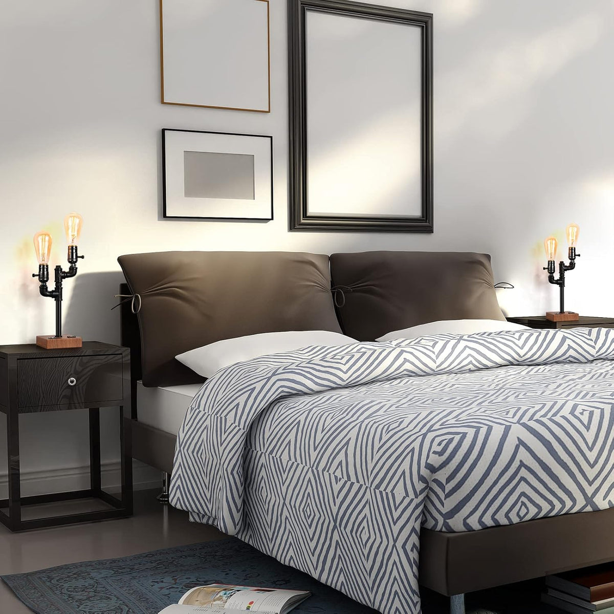 Industrial Table Lamp with 2 USB Ports AC Outlet Wood Base D7394