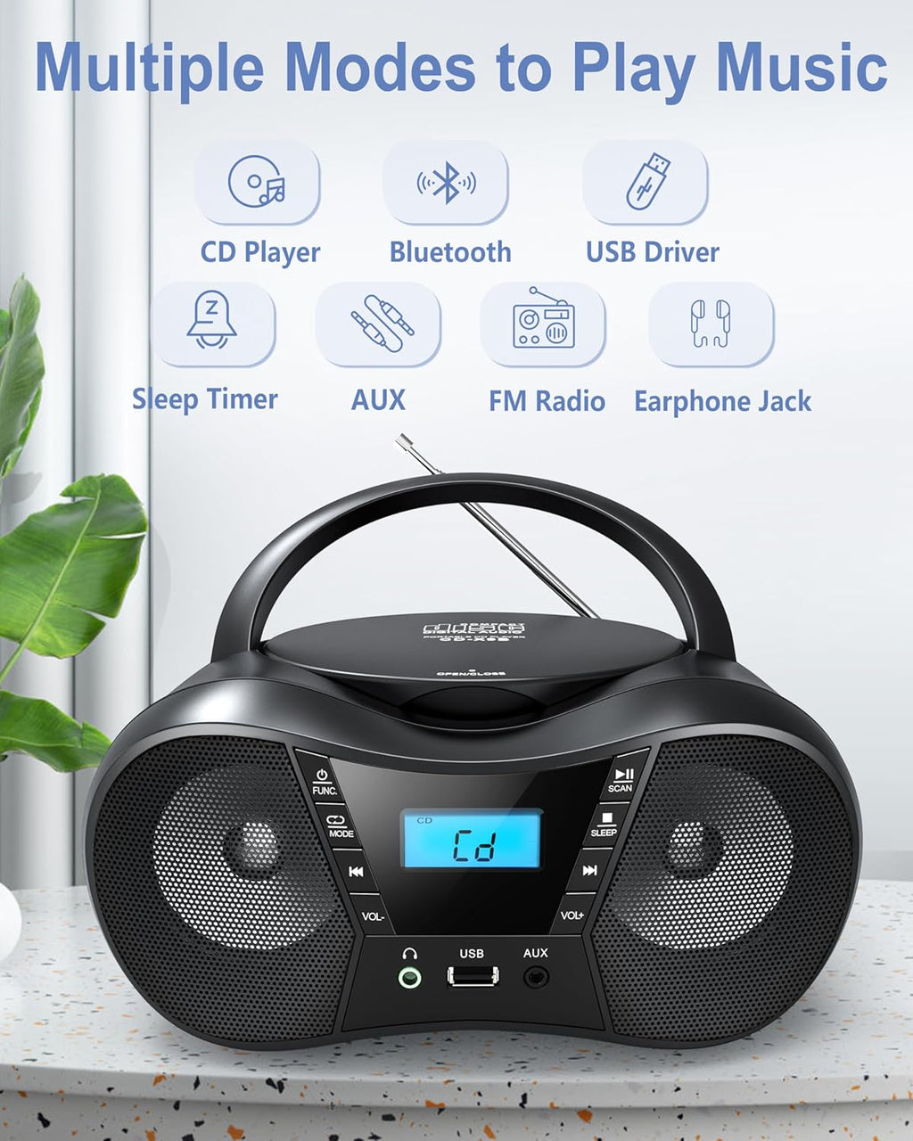 Portable CD Player Boombox with FM Radio, Bluetooth, LCD Display, USB/AUX Input, AC/Battery Powered W86219