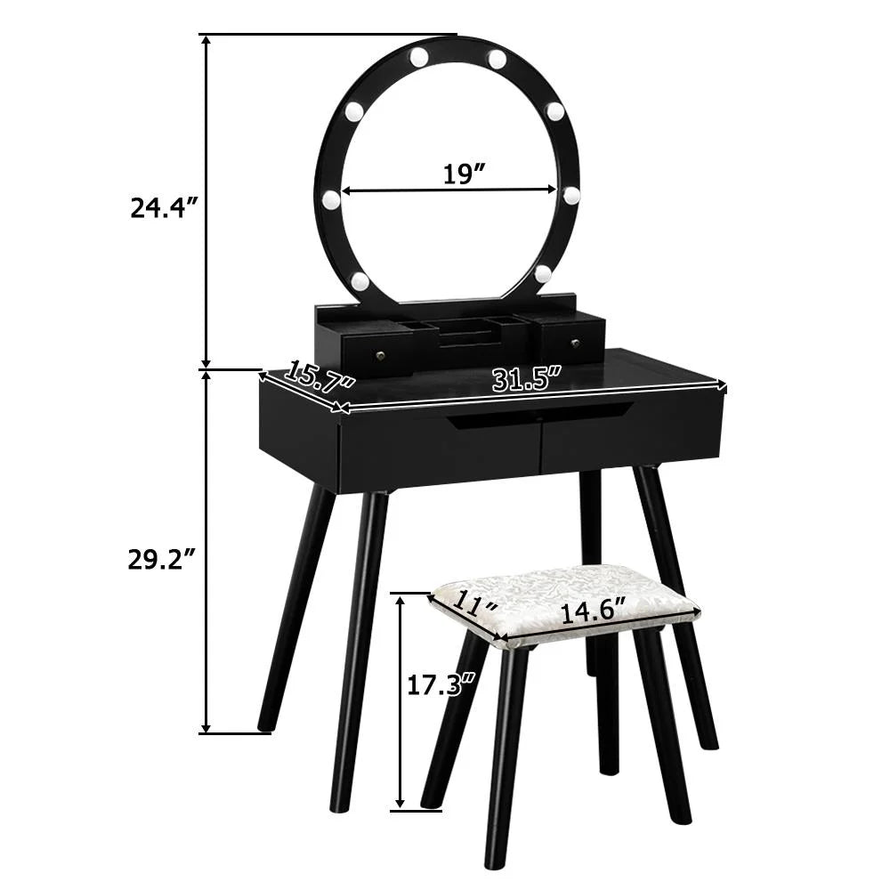 Black Wooden Dressing Table with Lighted Mirror and Cushioned Stool L676