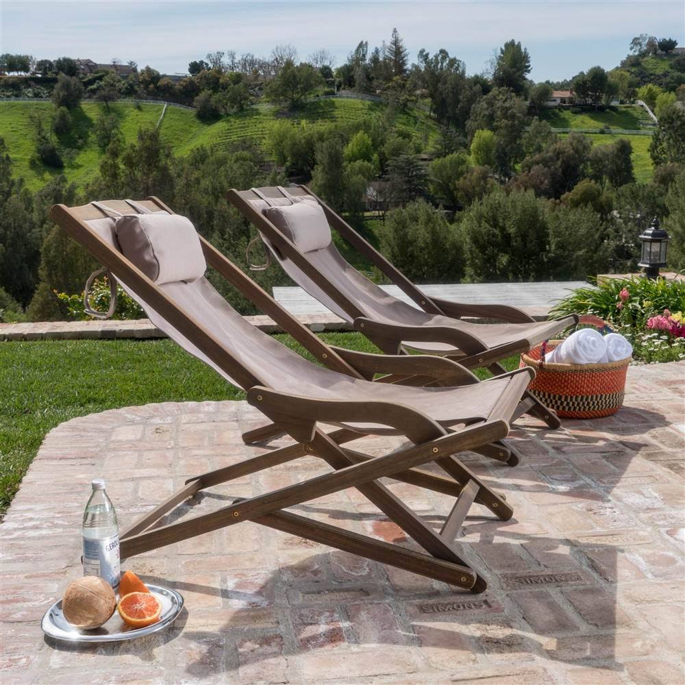 Brown Wood and Canvas Sling Chair Set of 2 Z2168
