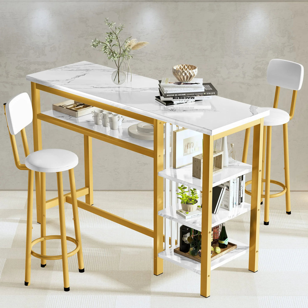 White Gold Bar Table Set with 2 PU Upholstered Stools and 4 Storage Shelves T343