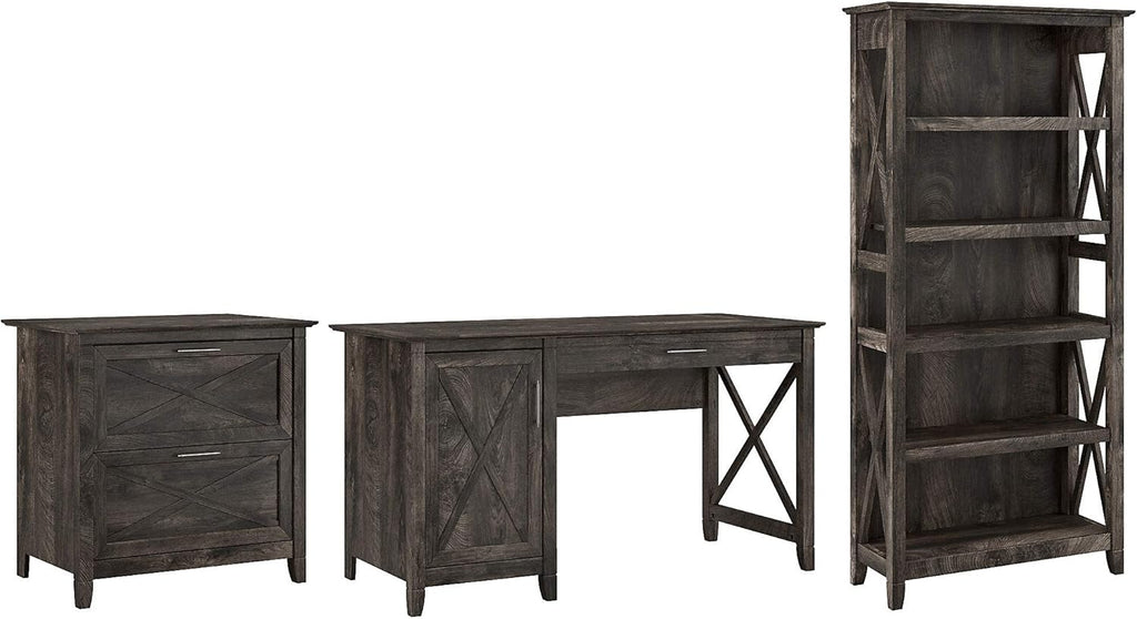 54W Reclaimed Pine Computer Desk with 2 Drawer Lateral File Cabinet and 5 Shelf Bookcase I7040