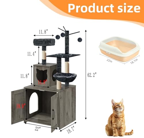 Grey Wood Cat Tree with Litter Box Enclosure Y8381