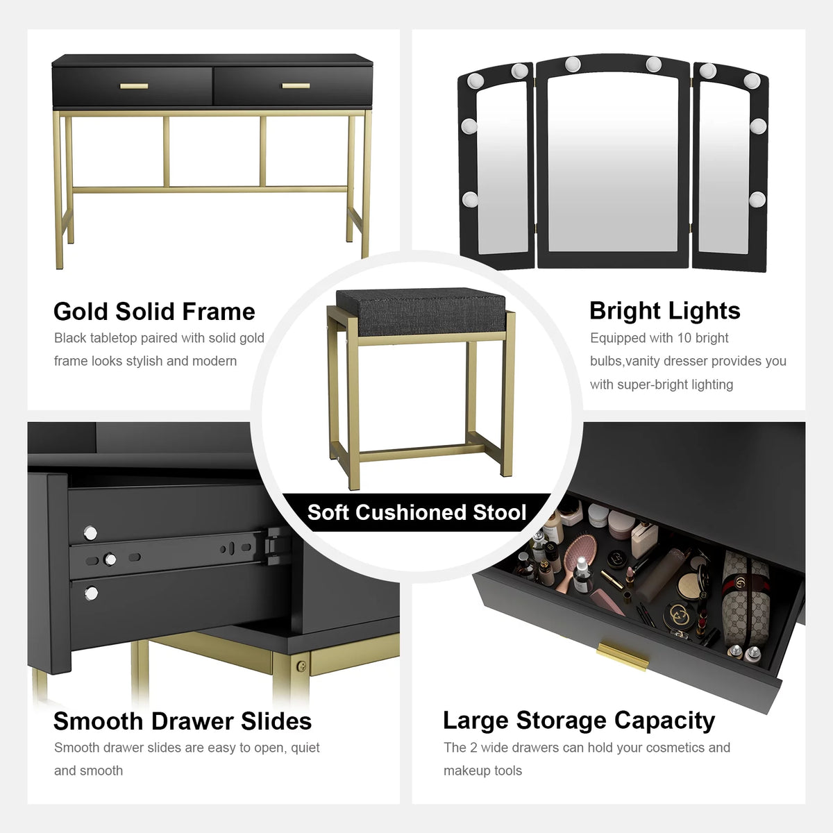 Vanity Table with Lighted Mirror Black O777173