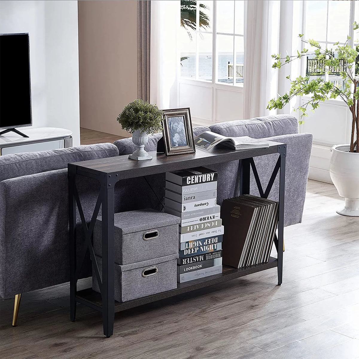 46 Inch 2-Tier Dark Rustic Oak Console Table Z3587