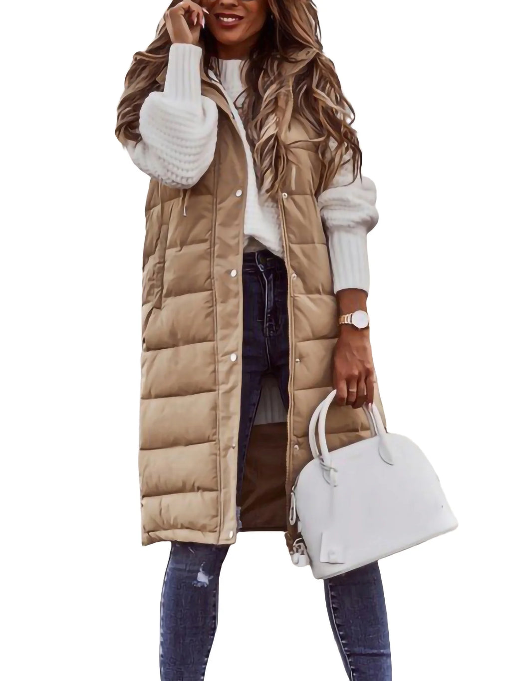 Women's Hooded Down Long Vest Padded Jacket with Pockets J220