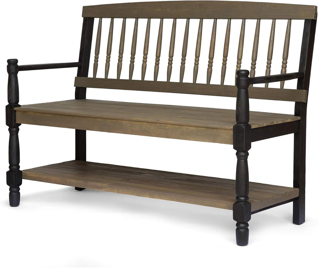 Gray and Black Acacia Wood Bench with Shelf U597