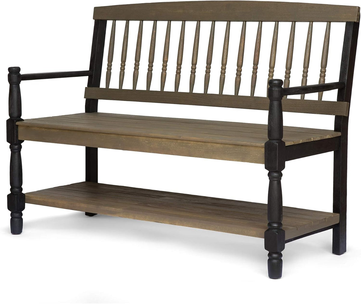Gray and Black Acacia Wood Bench with Shelf U597