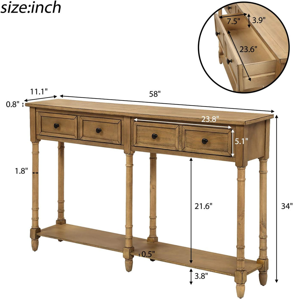 Old Pine Solid Wood Console Sofa with Two Storage Drawers and Bottom Shelf R6635