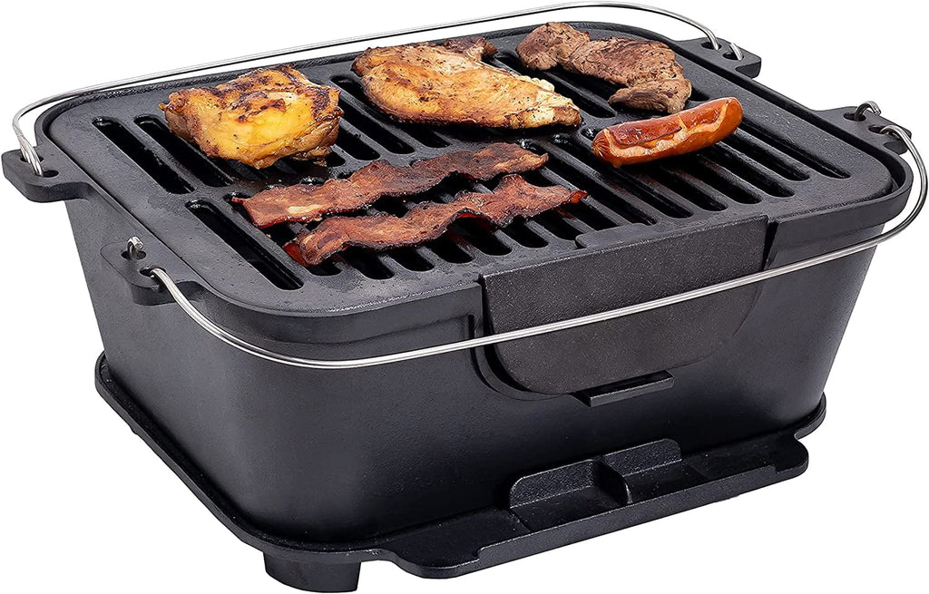 Pre-Seasoned Portable Cast Iron Charcoal Rectangle BBQ Grill, 14" x 12" Grilling Surface X932