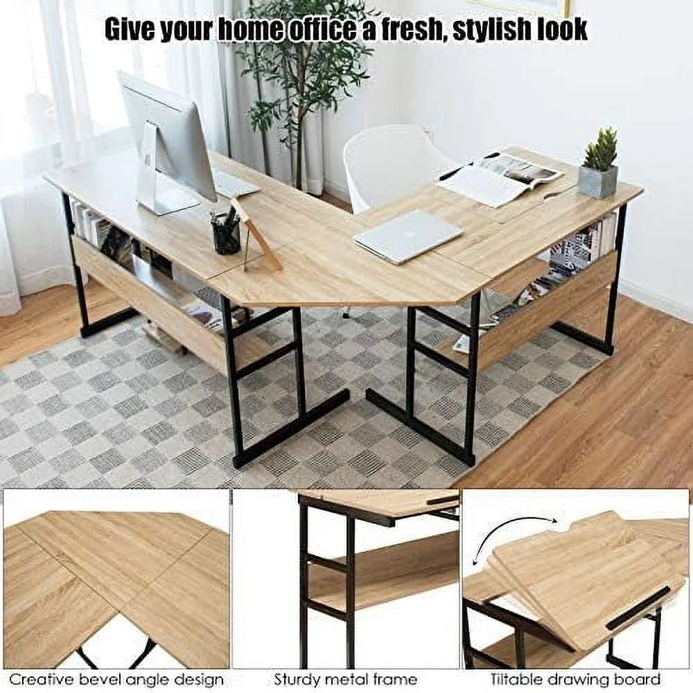 67 inches L-Shaped Corner Computer Desk with Bookshelves C732