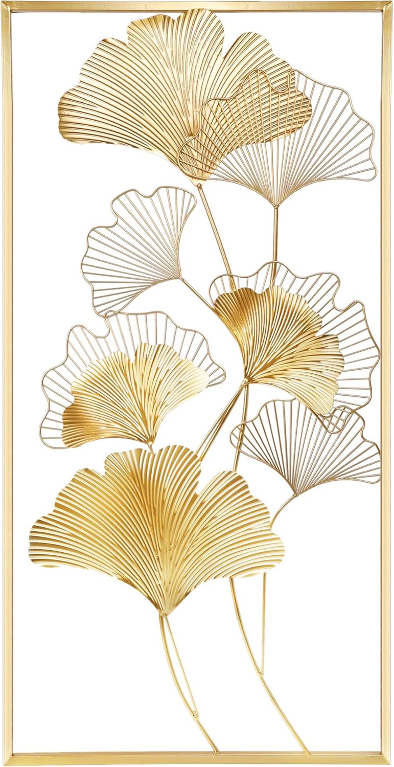39" X 20" Golden Metal Ginkgo Leaf Wall Hanging Decor B715