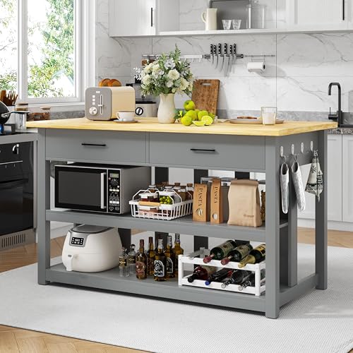 Solid Rubberwood Kitchen Island with Power Outlets, 2 Drawers & Open Shelves (Grey) G74630