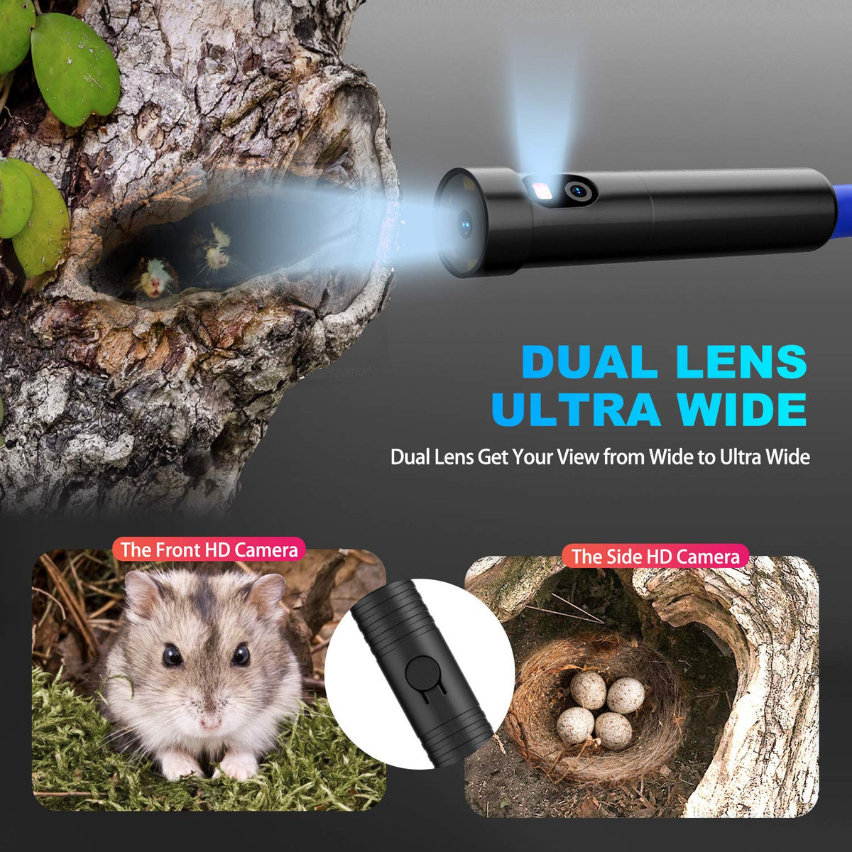 33FT Dual Lens Industrial Endoscope Waterproof Inspection Camera with Light O4421