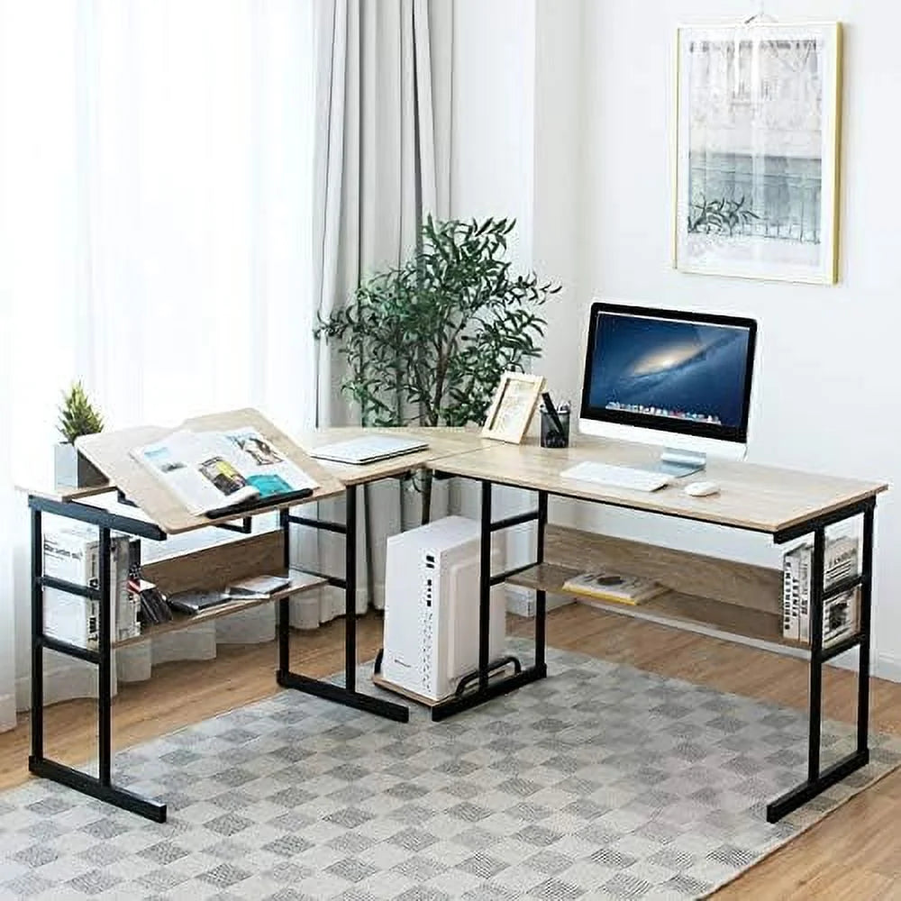 67 inches L-Shaped Corner Computer Desk with Bookshelves C732