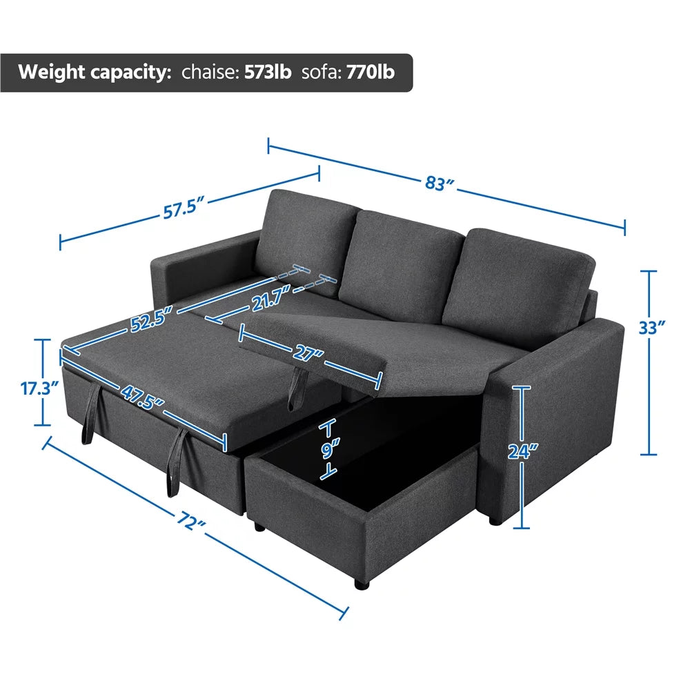Light Gray Reversible Sleeper Sofa with Pull Out Bed and Storage Q39495