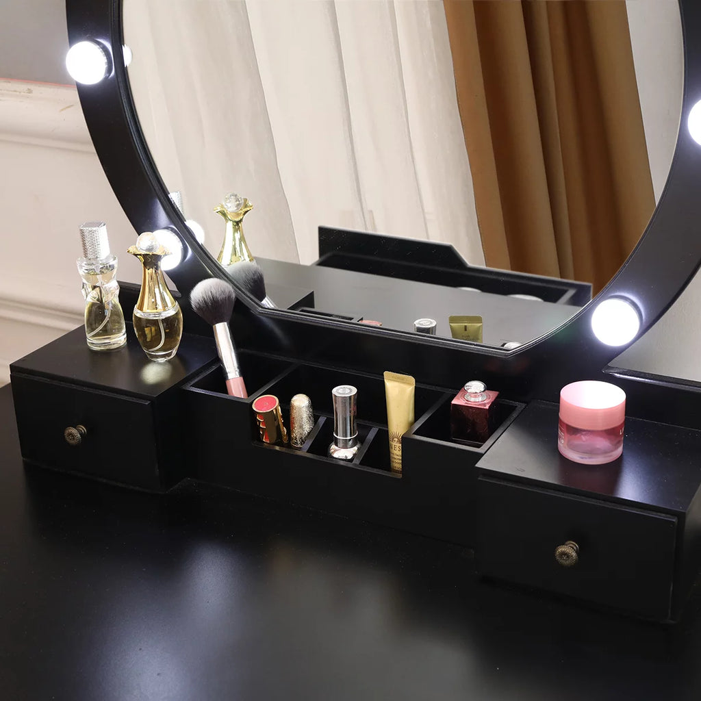 Black Wooden Dressing Table with Lighted Mirror and Cushioned Stool L676