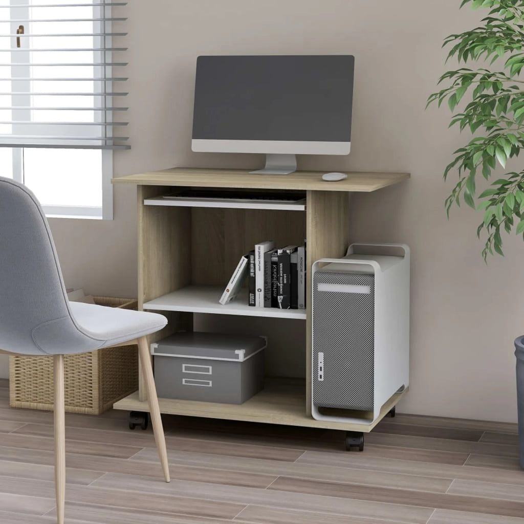 White and Sonoma Oak Computer Desk with Keyboard Tray J3450