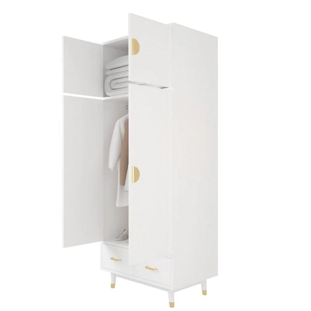 4 Door Wood Wardrobe with Clothing Rod and 2 Drawers, White T293424