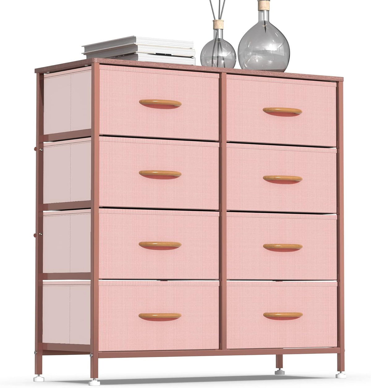 Vertical Dresser Storage Tower, Steel Frame, Wood Top, Fabric Bins, 8 Drawers, Dark Indigo Q155