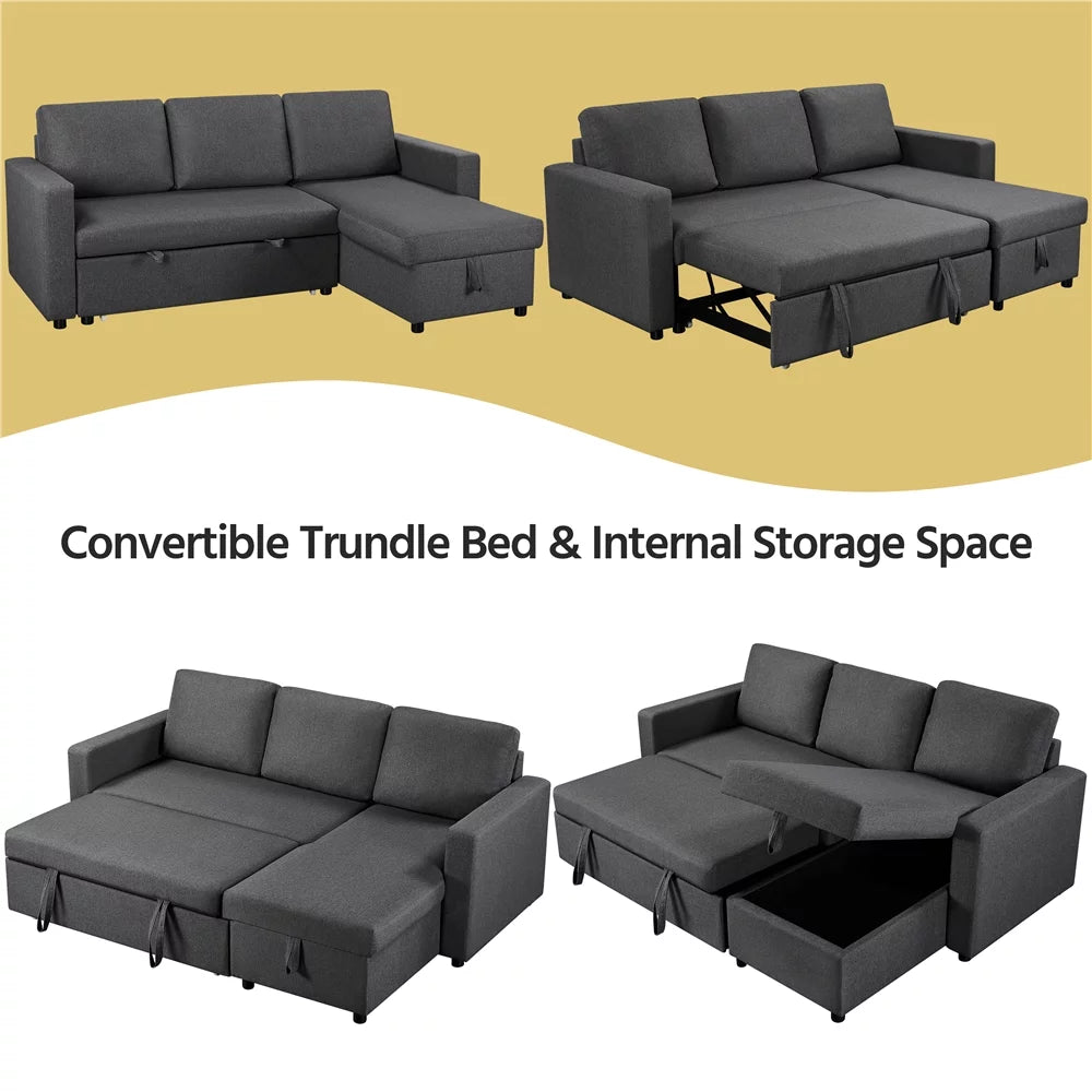 Light Gray Reversible Sleeper Sofa with Pull Out Bed and Storage Q39495
