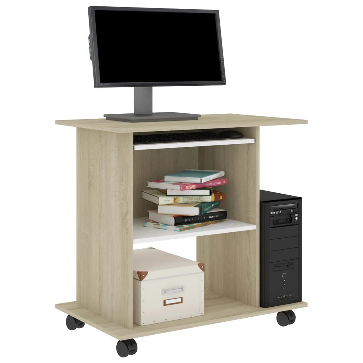 White and Sonoma Oak Computer Desk with Keyboard Tray J3450