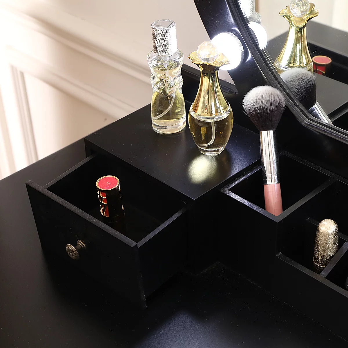 Black Wooden Dressing Table with Lighted Mirror and Cushioned Stool L676