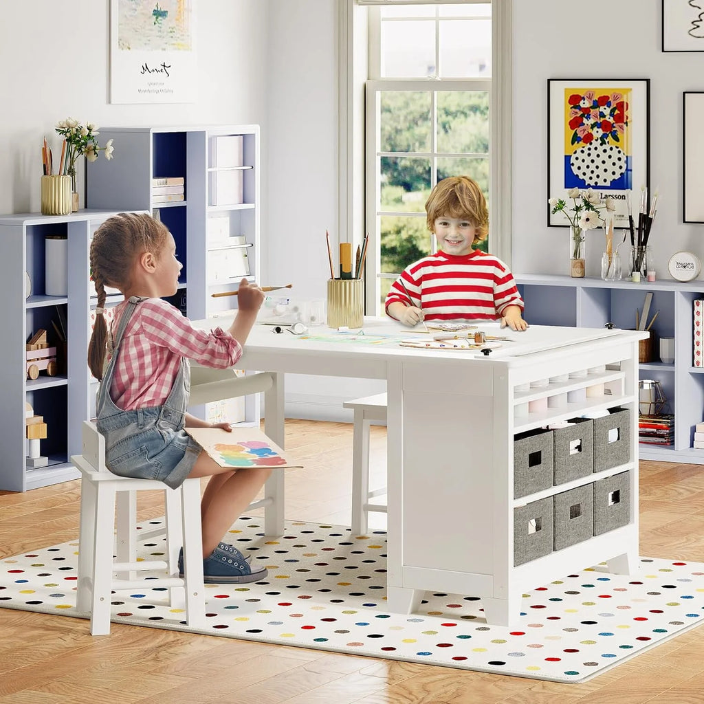 Wooden Kids Art Table and Chair Set with Storage Shelves Q31973