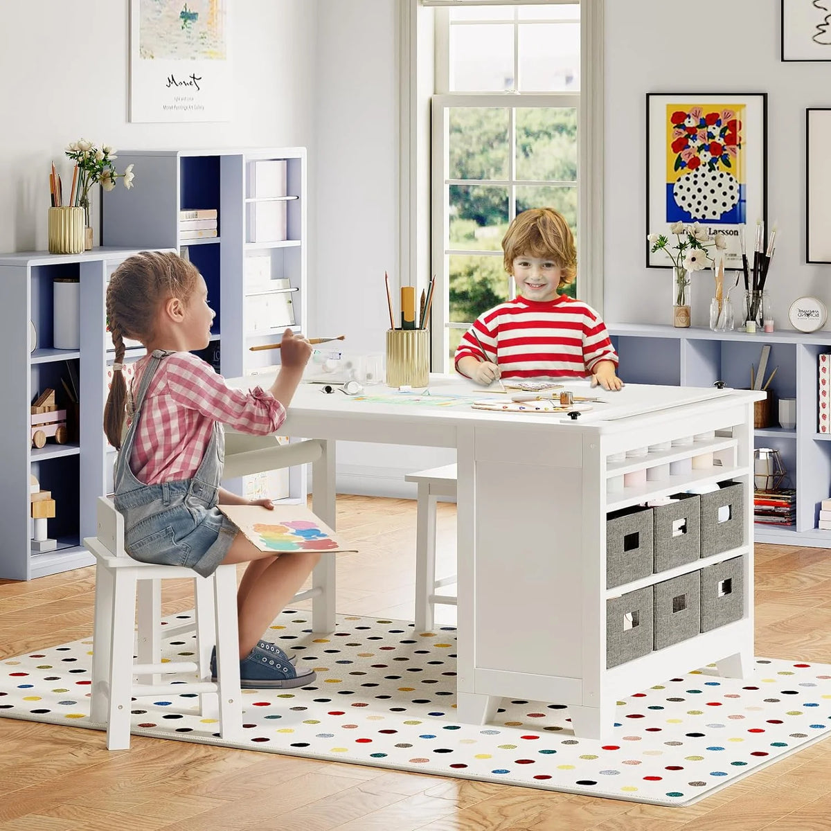 Wooden Kids Art Table and Chair Set with Storage Shelves Q31973