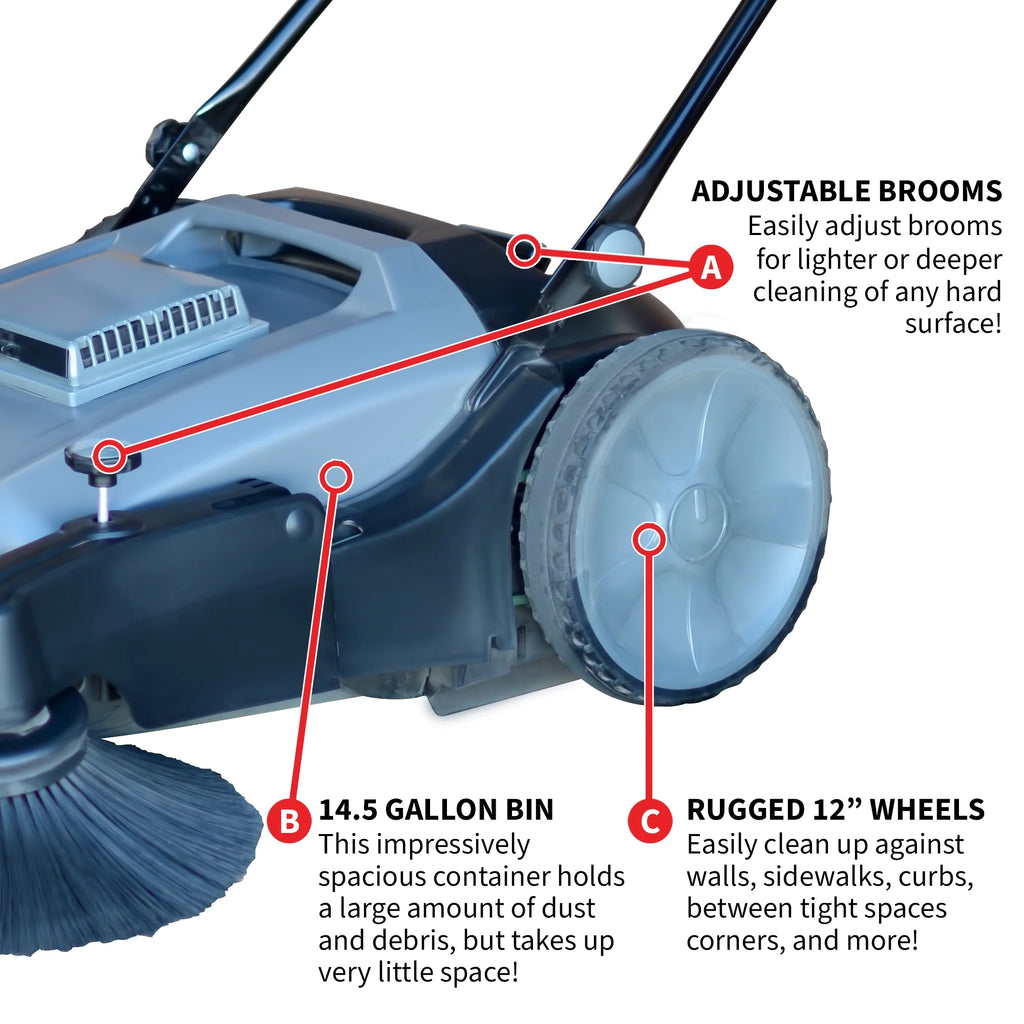 38" Walk Behind Push Sweeper with Triple Power Side Brooms F8277