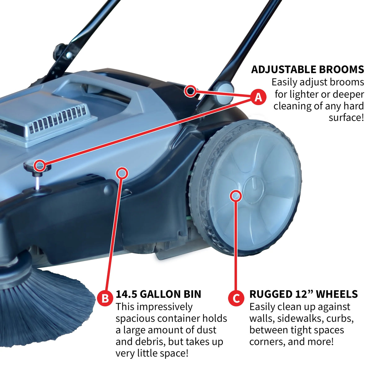 38" Walk Behind Push Sweeper with Triple Power Side Brooms F8277