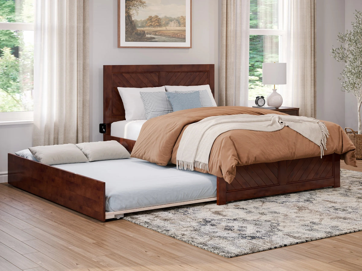 Walnut Solid Wood Platform Bed with Footboard & Trundle W92535