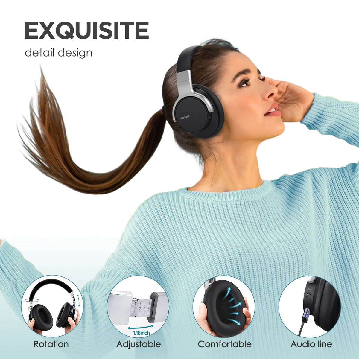 Black Active Noise Cancelling Wireless Over Ear Headphones with Mic N57853