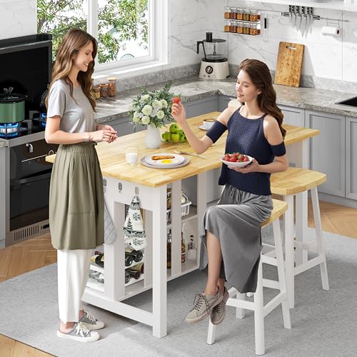 Solid Rubberwood Kitchen Island with Power Outlets, 2 Drawers & Open Shelves (Grey) G74630