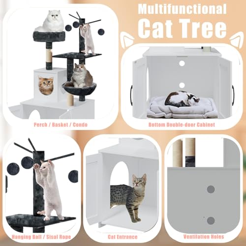Grey Wood Cat Tree with Litter Box Enclosure Y8381