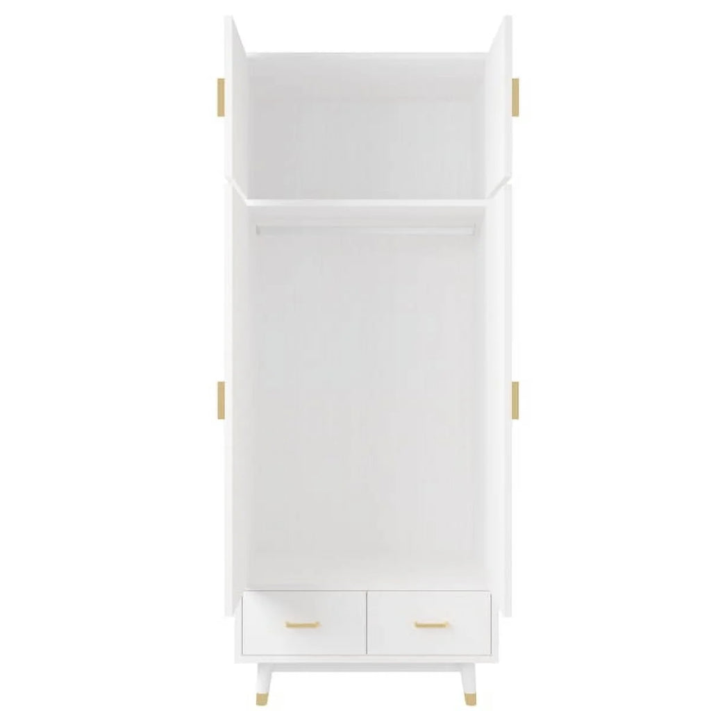 4 Door Wood Wardrobe with Clothing Rod and 2 Drawers, White T293424