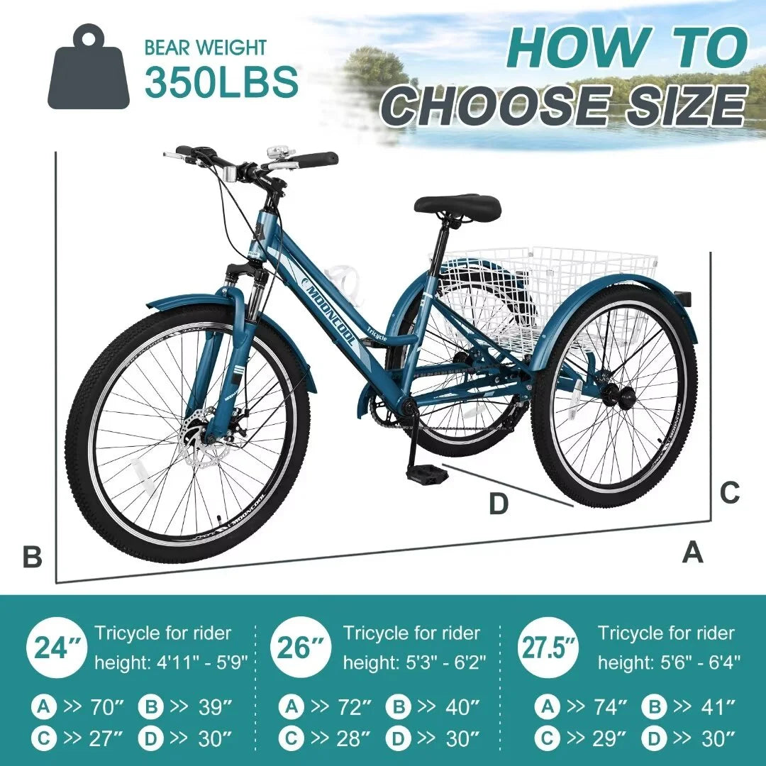 Adult Tricycle 7 Speed 26 Inch Three Wheel Bike with Shopping Basket A995