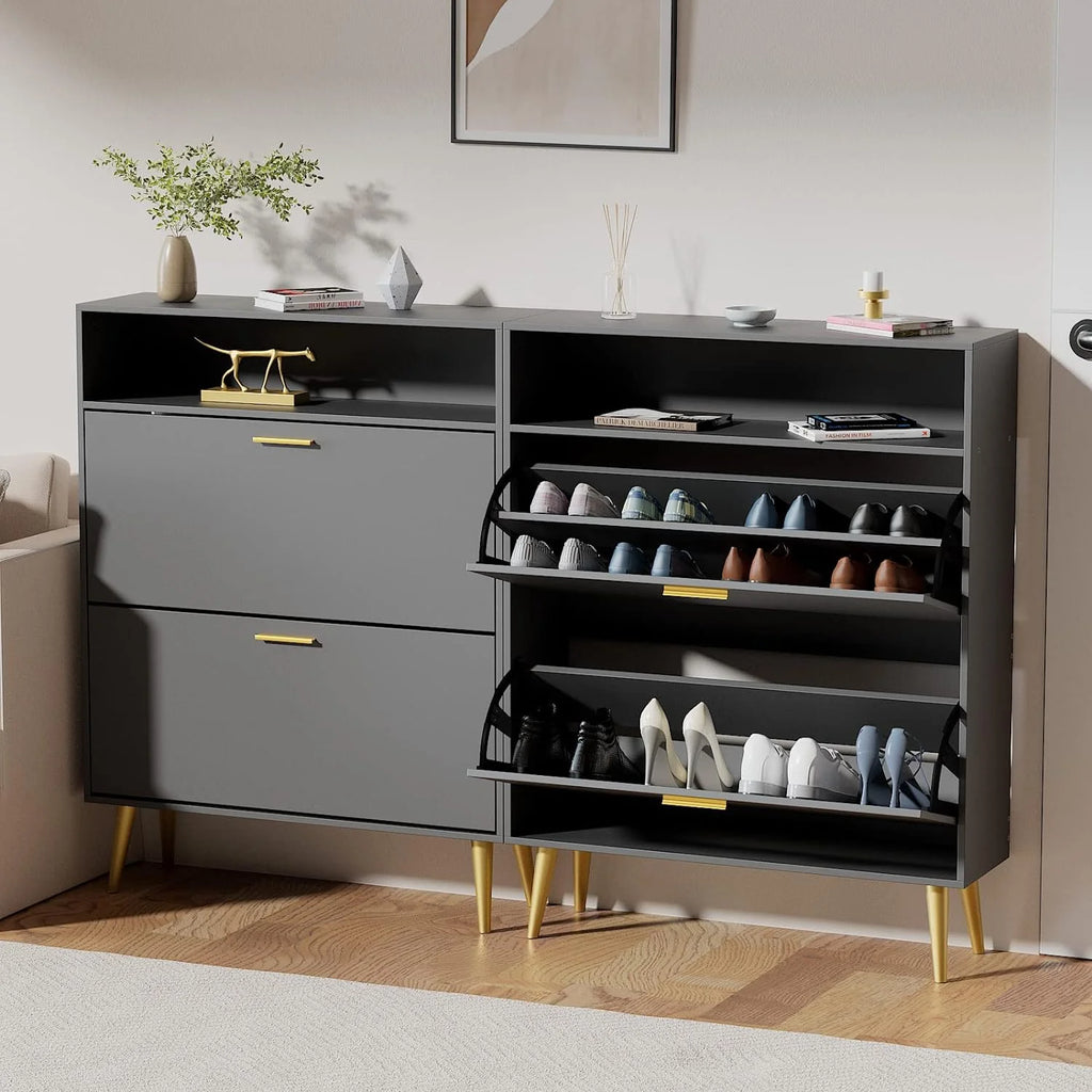 Black Narrow Shoe Cabinet with 2 Flip Drawers P290746