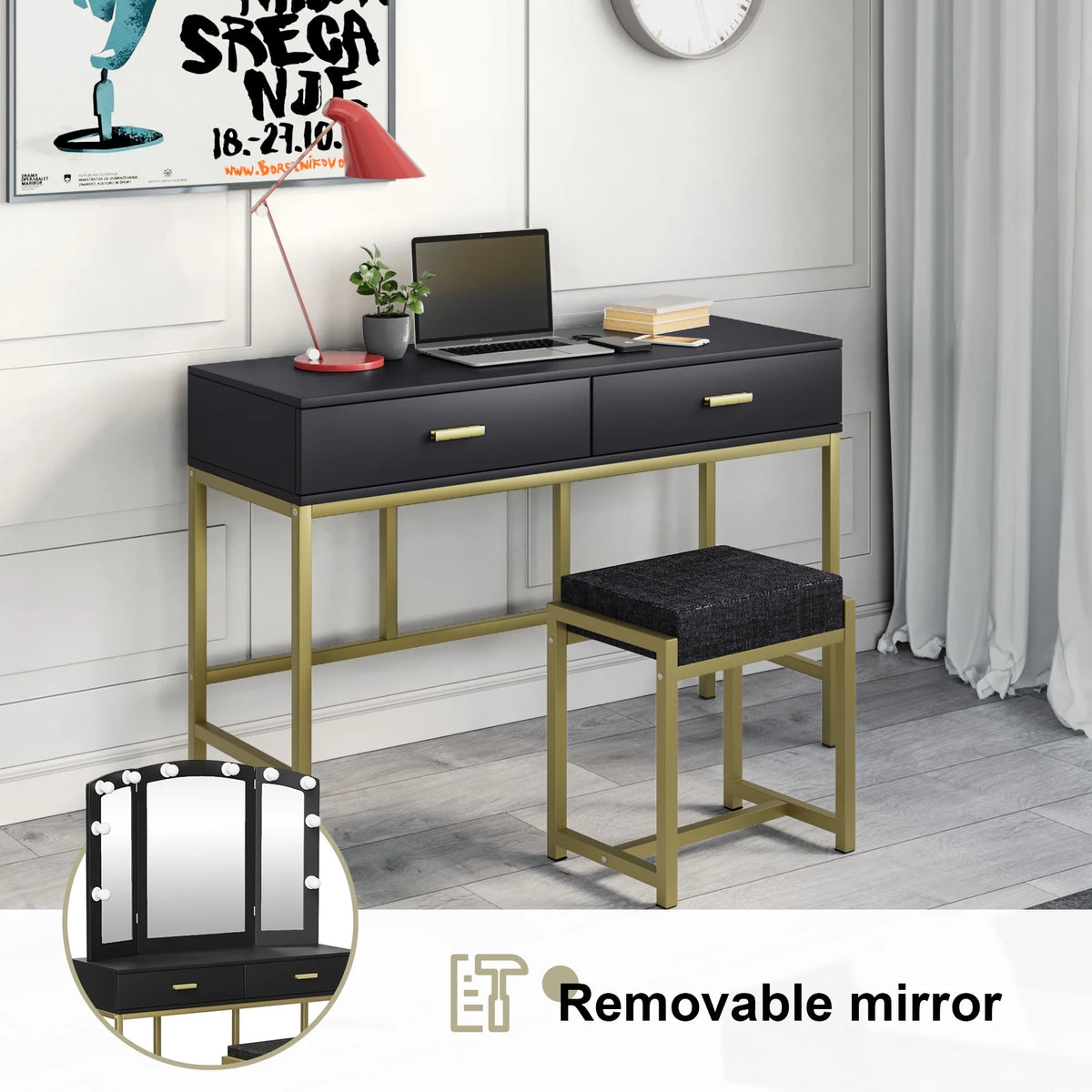 Vanity Table with Lighted Mirror Black O777173