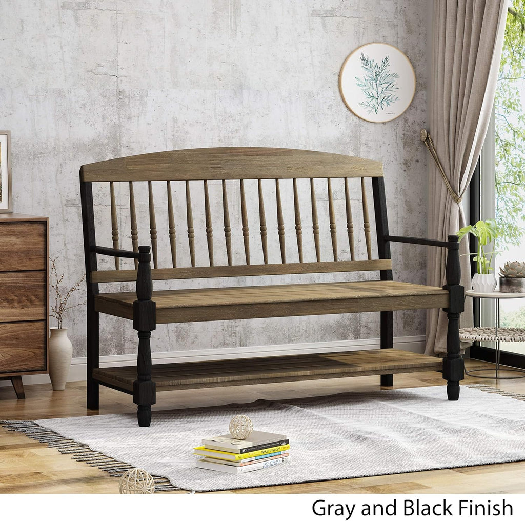 Gray and Black Acacia Wood Bench with Shelf U597