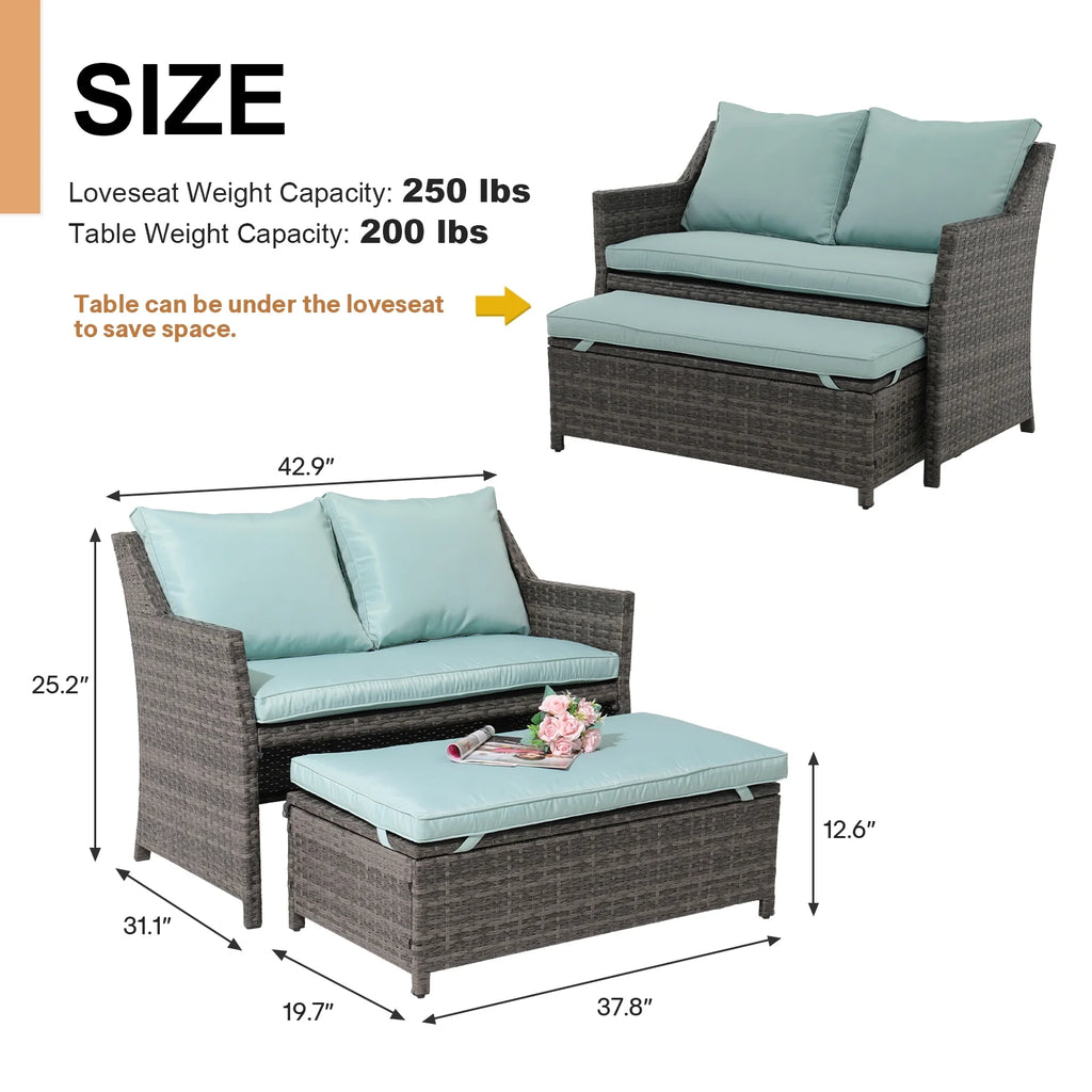 Grey Rattan 2-Piece Outdoor Patio Furniture Set with Green Cushions V489
