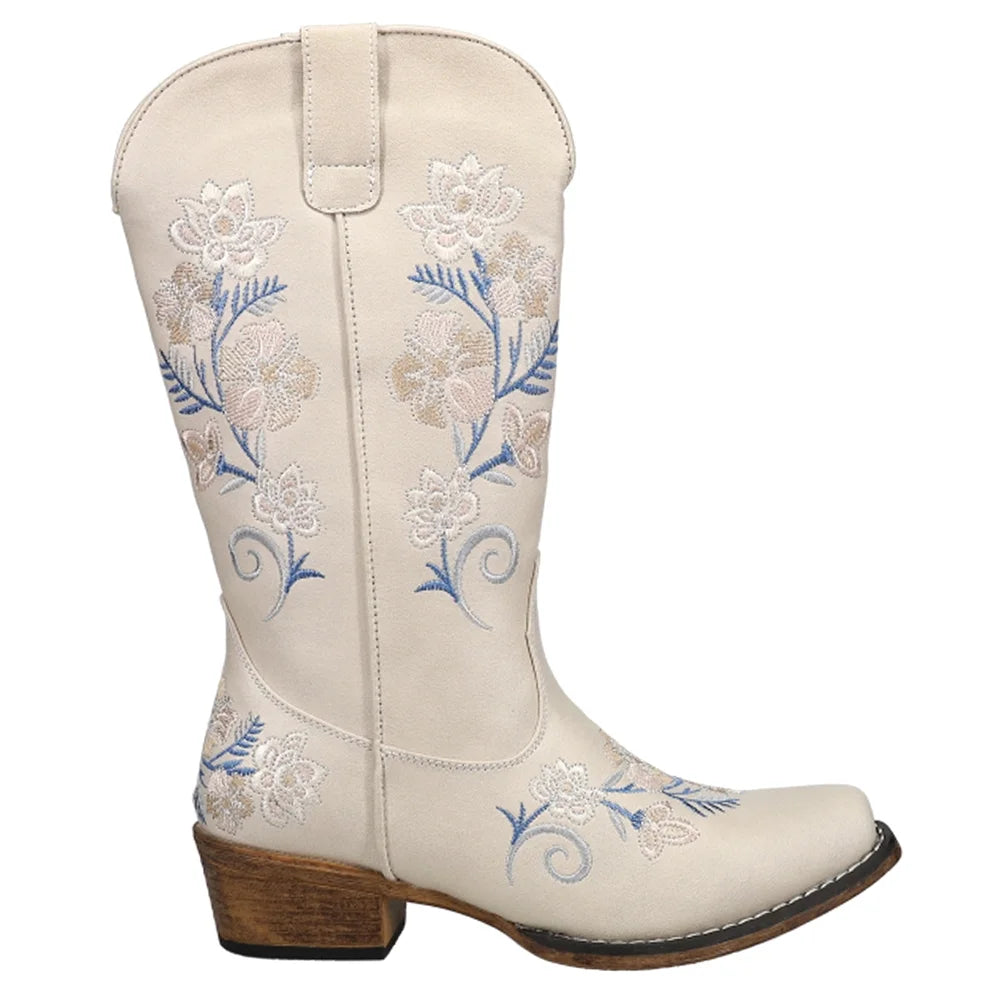 Womens Floral Embroidery Snip Toe Casual Boots Mid Calf Low Heel V893