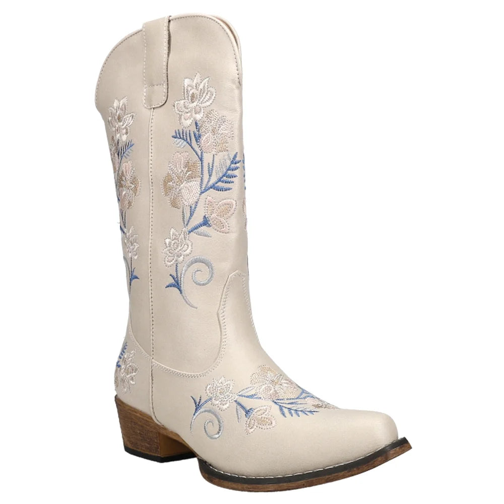 Womens Floral Embroidery Snip Toe Casual Boots Mid Calf Low Heel V893