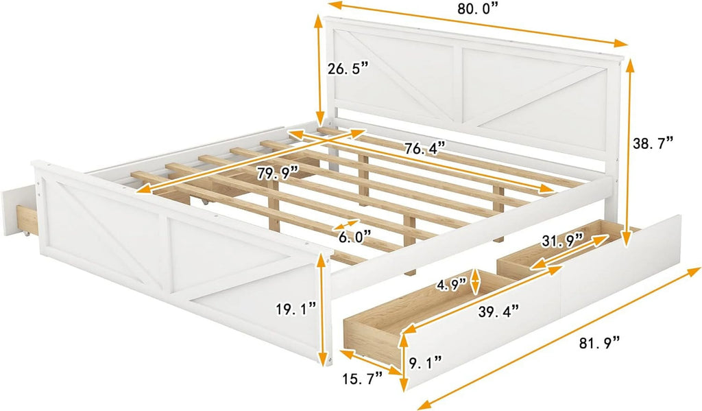 White Wood Platform Bed Frame with 4 Storage Drawers U6498