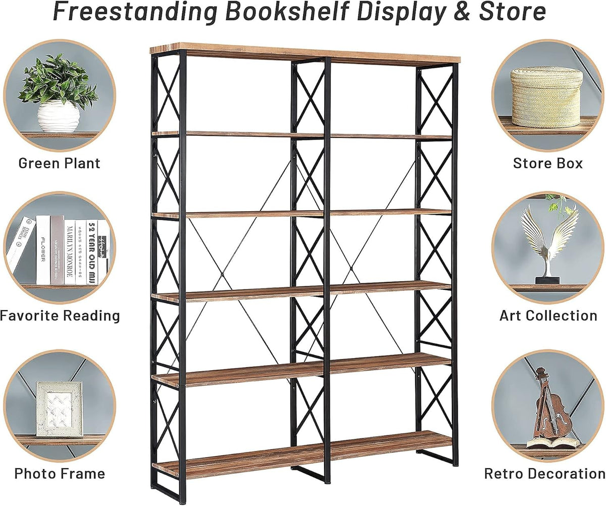 Vintage Brown 6-Tier Industrial Bookshelf with Metal Frame W9445