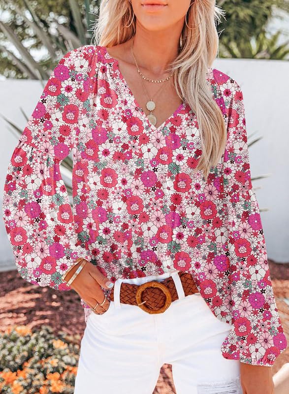 Women's Floral Print V Neck Long Sleeve Loose Blouses Tops C426