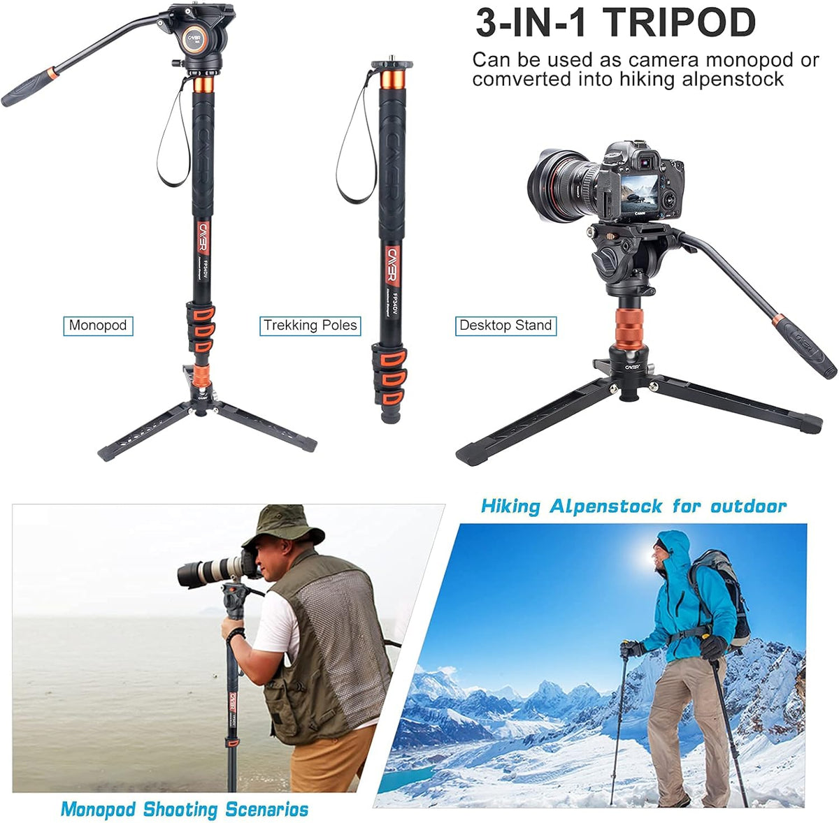 Lightweight Aluminum 71 inch Camera Monopod with Pan Tilt Fluid Head and Tripod Base N1062